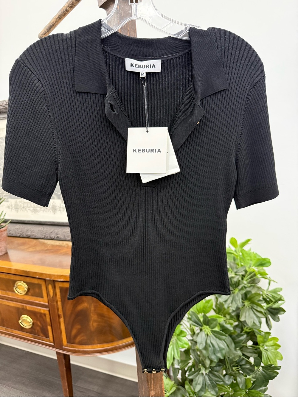 Keburia Black Ribbed Polo-Style Women’s One-Piece